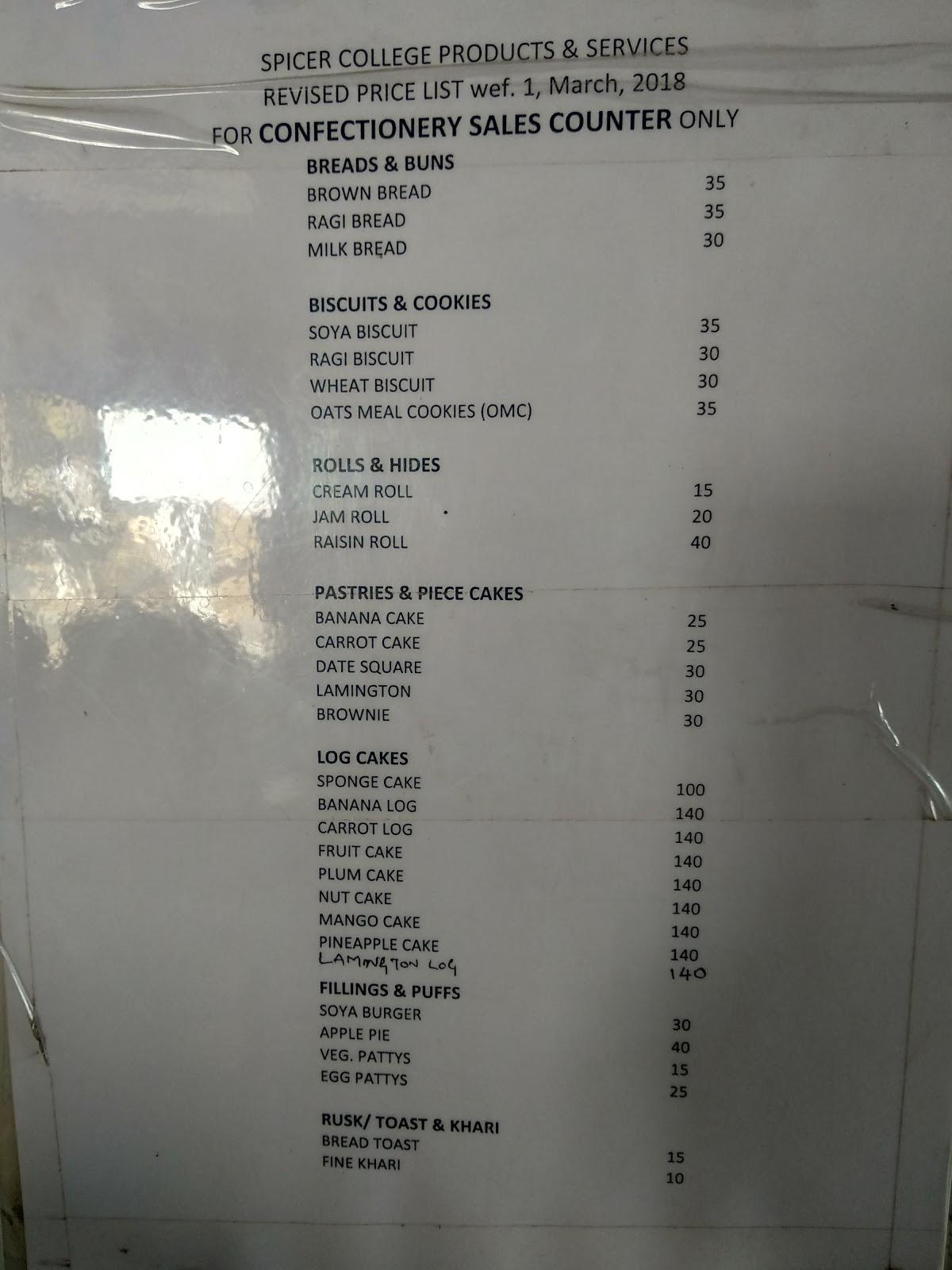 Spicer College Bakery and Confectionery menu