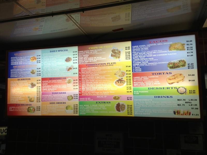 Menu at Burritos Santana restaurant, San Diego, University Ave