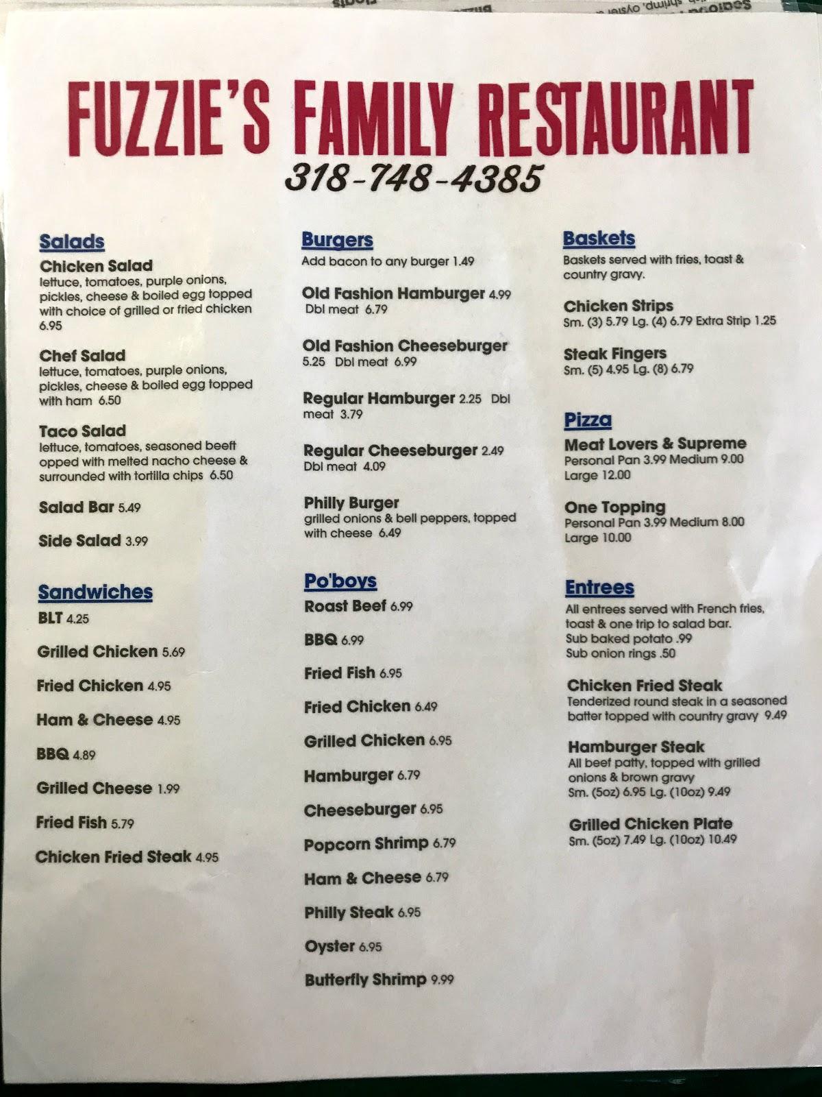 Menu at Fuzzie's Restaurant, Glenmora