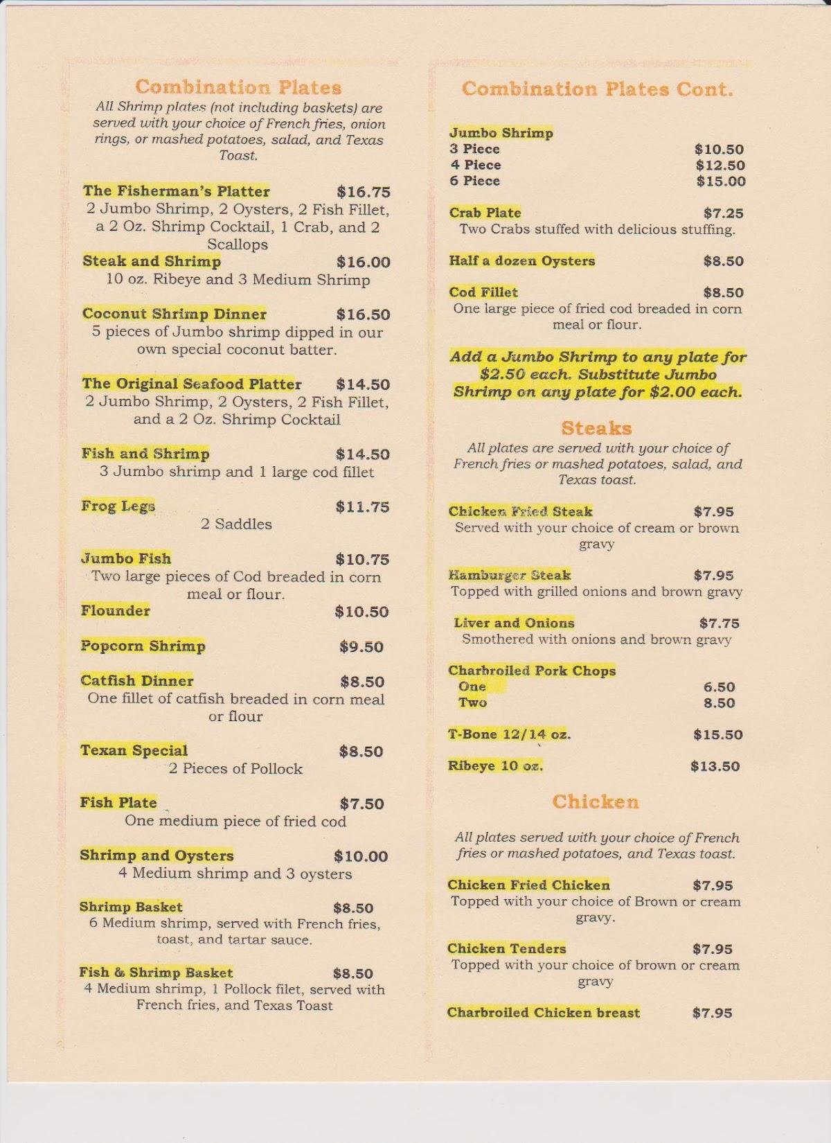 Menu at Sherry's Texan Seafood Restaurant, San Antonio, Pleasanton Rd