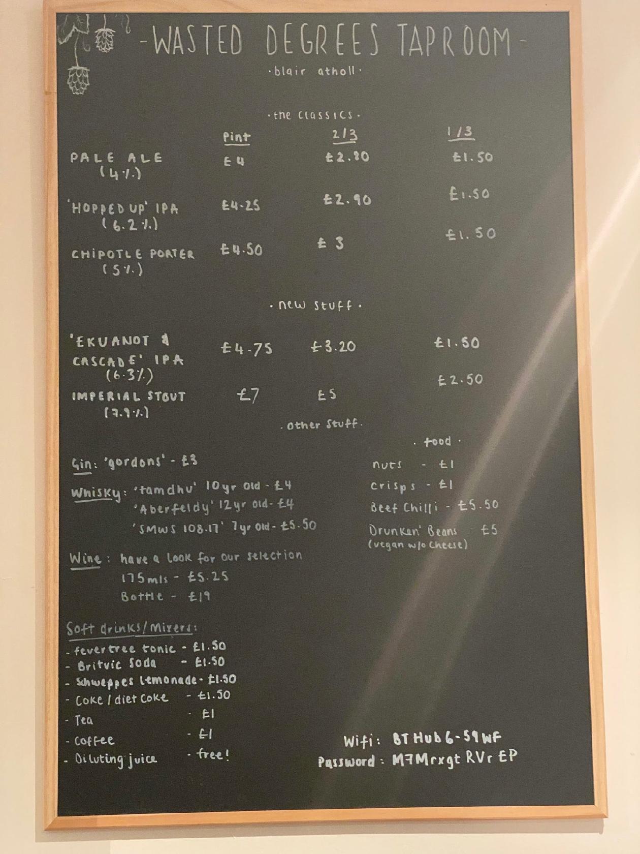 Menu at Wasted Degrees Brewing pub & bar, Blair Atholl