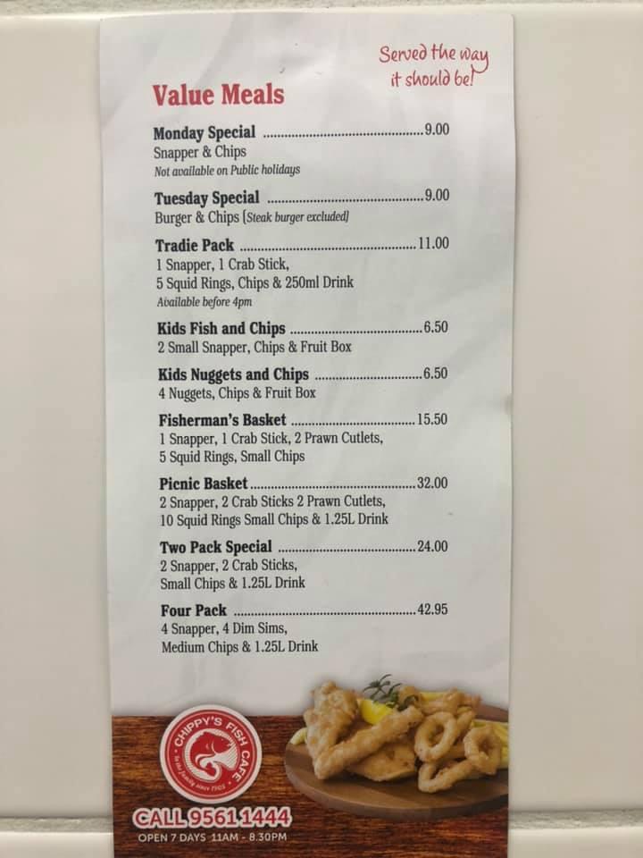 Menu at Chippy's Fish Cafe, Yanchep