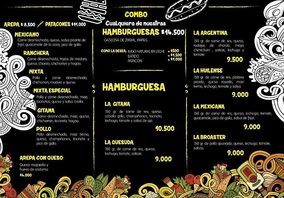 Menu at El Gitano restaurant, Pitalito