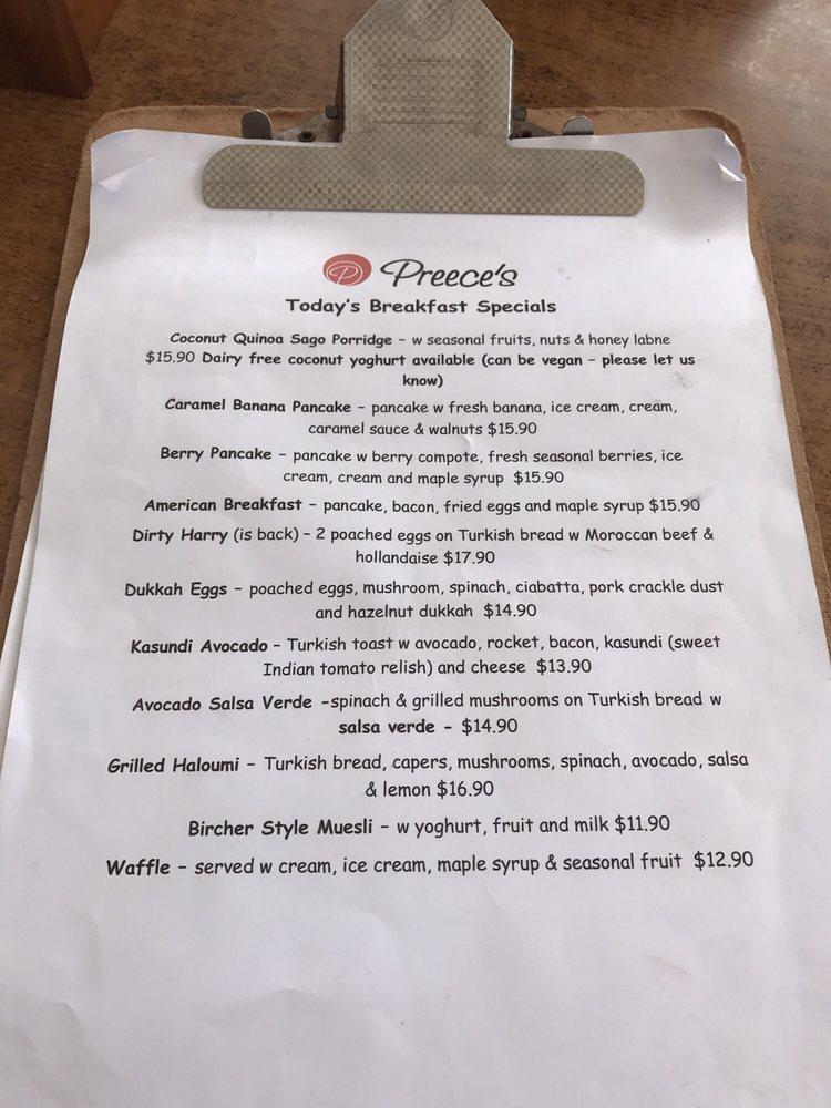 Menu at Preece's restaurant, Redcliffe