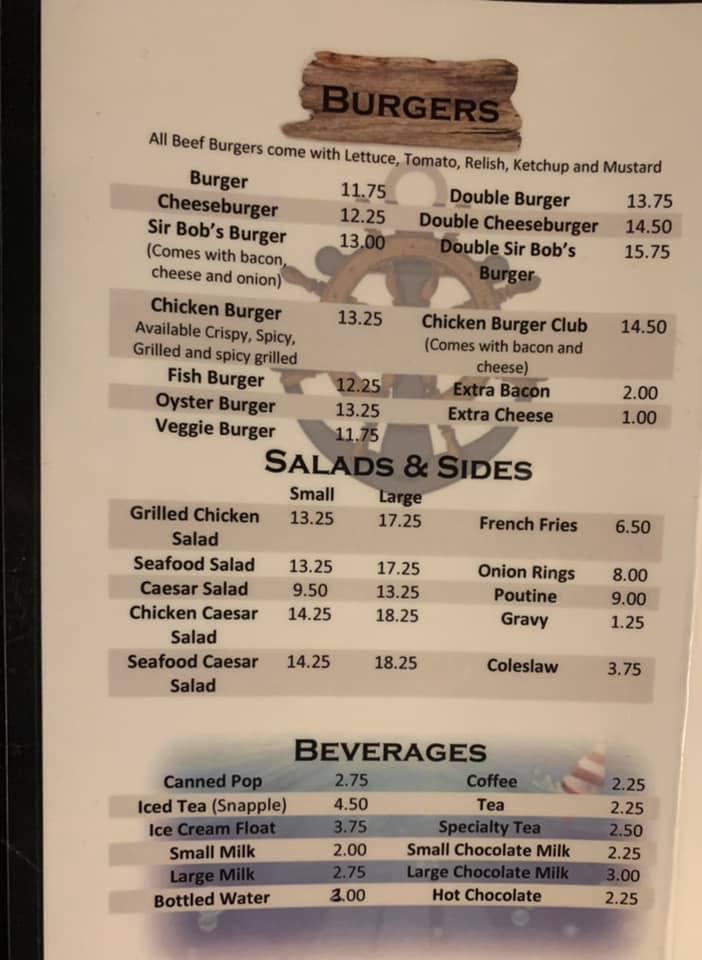 Menu at Sir Bob's Fish & Chips restaurant, Williams Lake