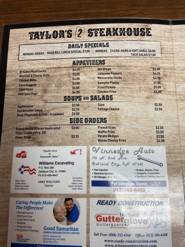 Menu at Taylor's 2 Steakhouse, Oakland City