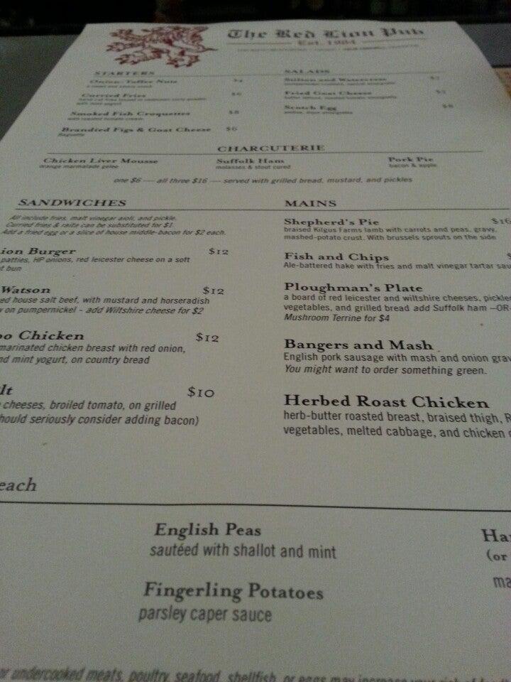 Menu at The Red Lion Pub, Chicago