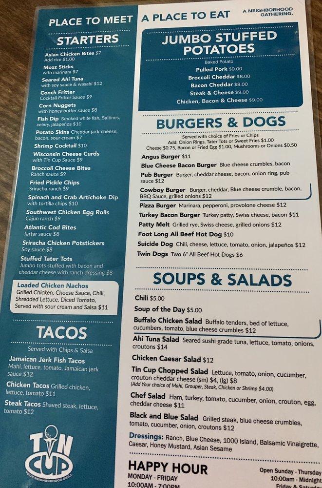 Menu at Tin Cup Sports Bar & Grill, Cooper City