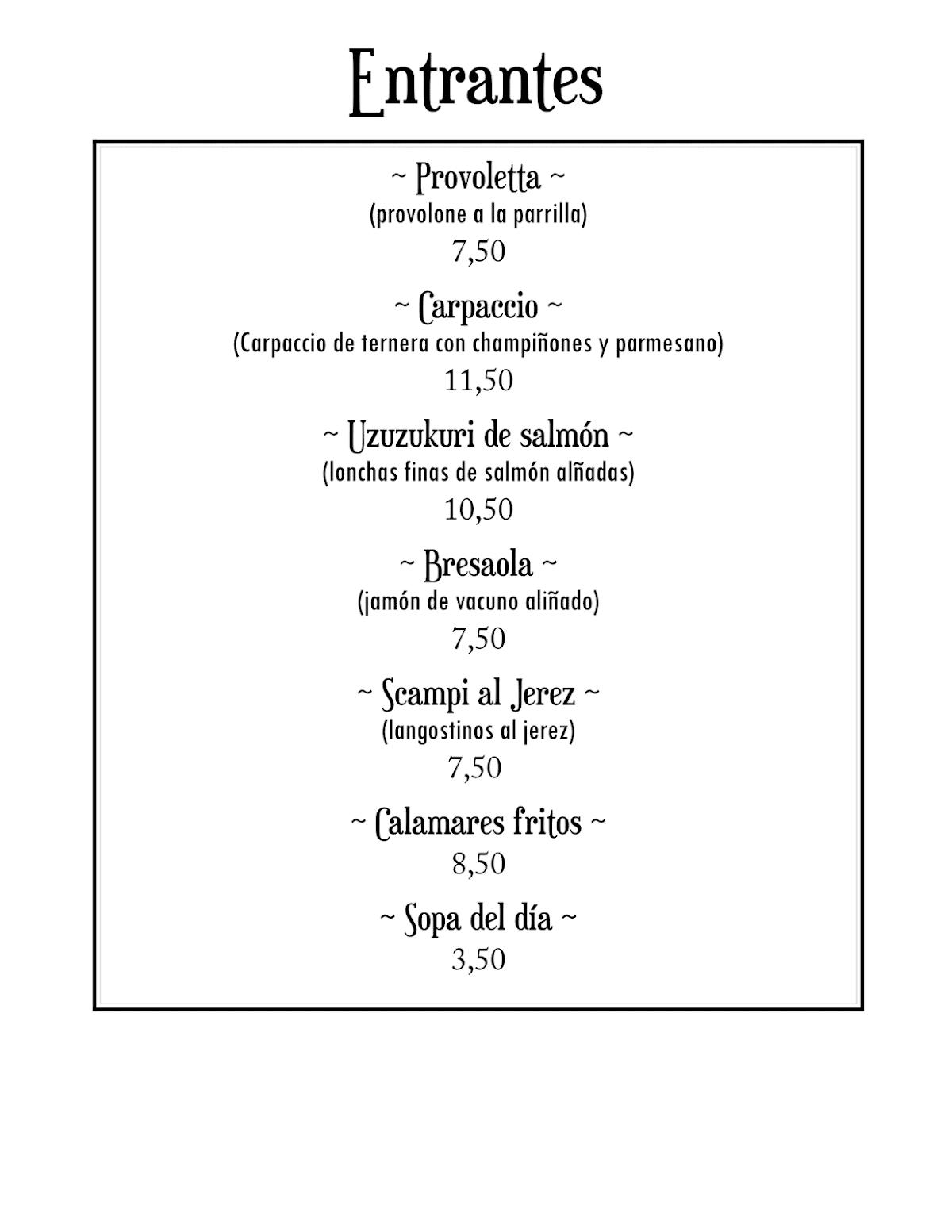 Menu at Isola Bella restaurant, Vigo
