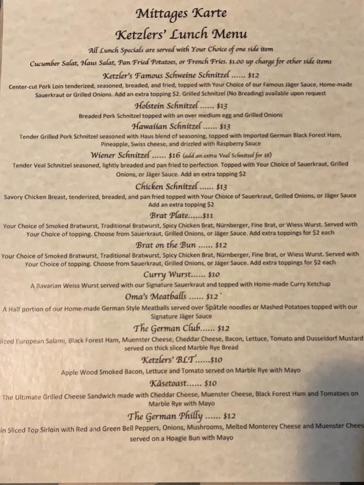 Menu at Ketzler's Schnitzel Haus And Biergarten restaurant, Granbury