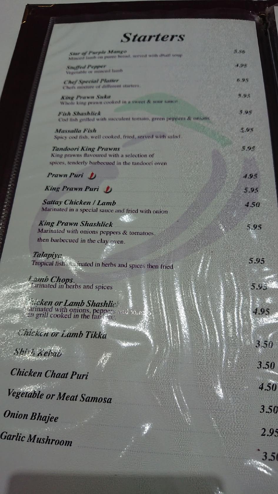 Menu at Purple Mango Restaurant, Banbury