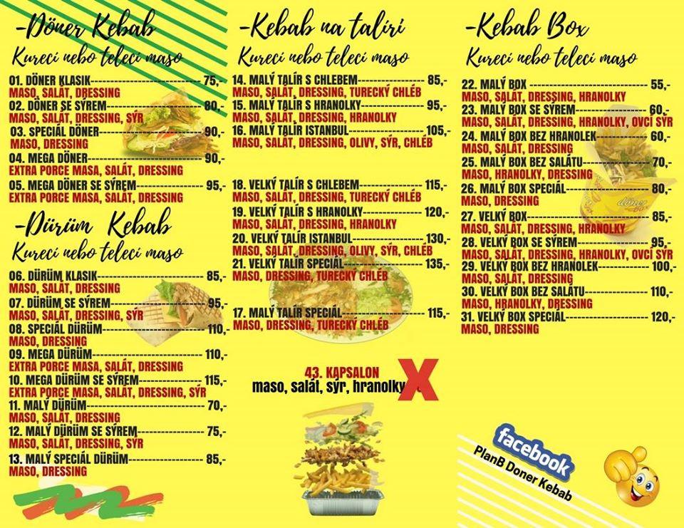 Carta Del Restaurante Plan-B Kebab & Pizza, Horovice