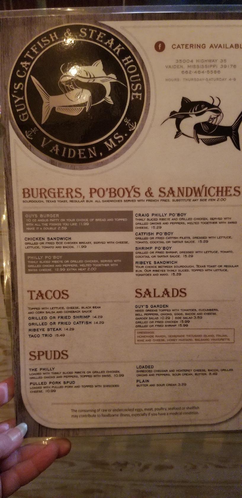 Carta de Guy's catfish and steakhouse, Vaiden