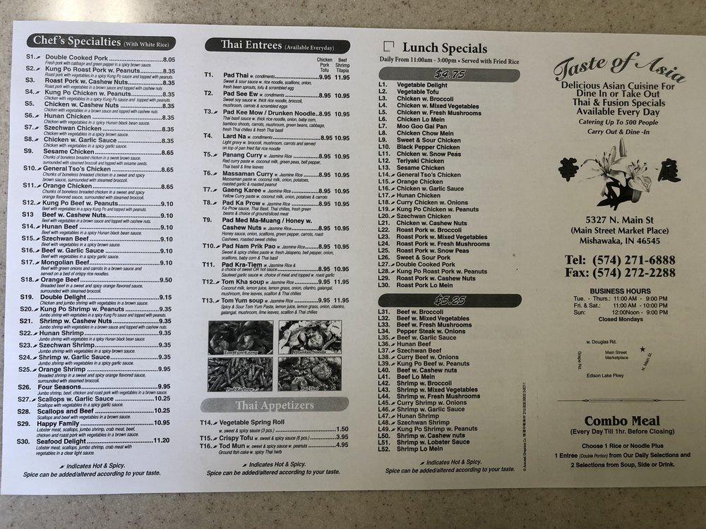 Menu at Taste of Asia Thai & Chinese restaurant, Mishawaka, N Main St