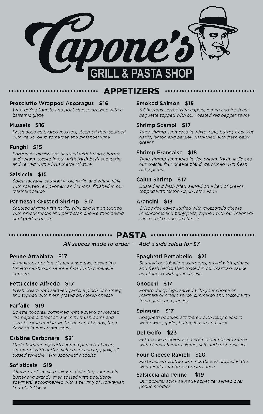 Menu at Capone's Grill & Pasta Shop restaurant, Windsor