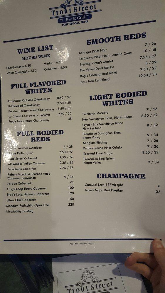 Menu at Trout Street Bar & Grill, Port Aransas