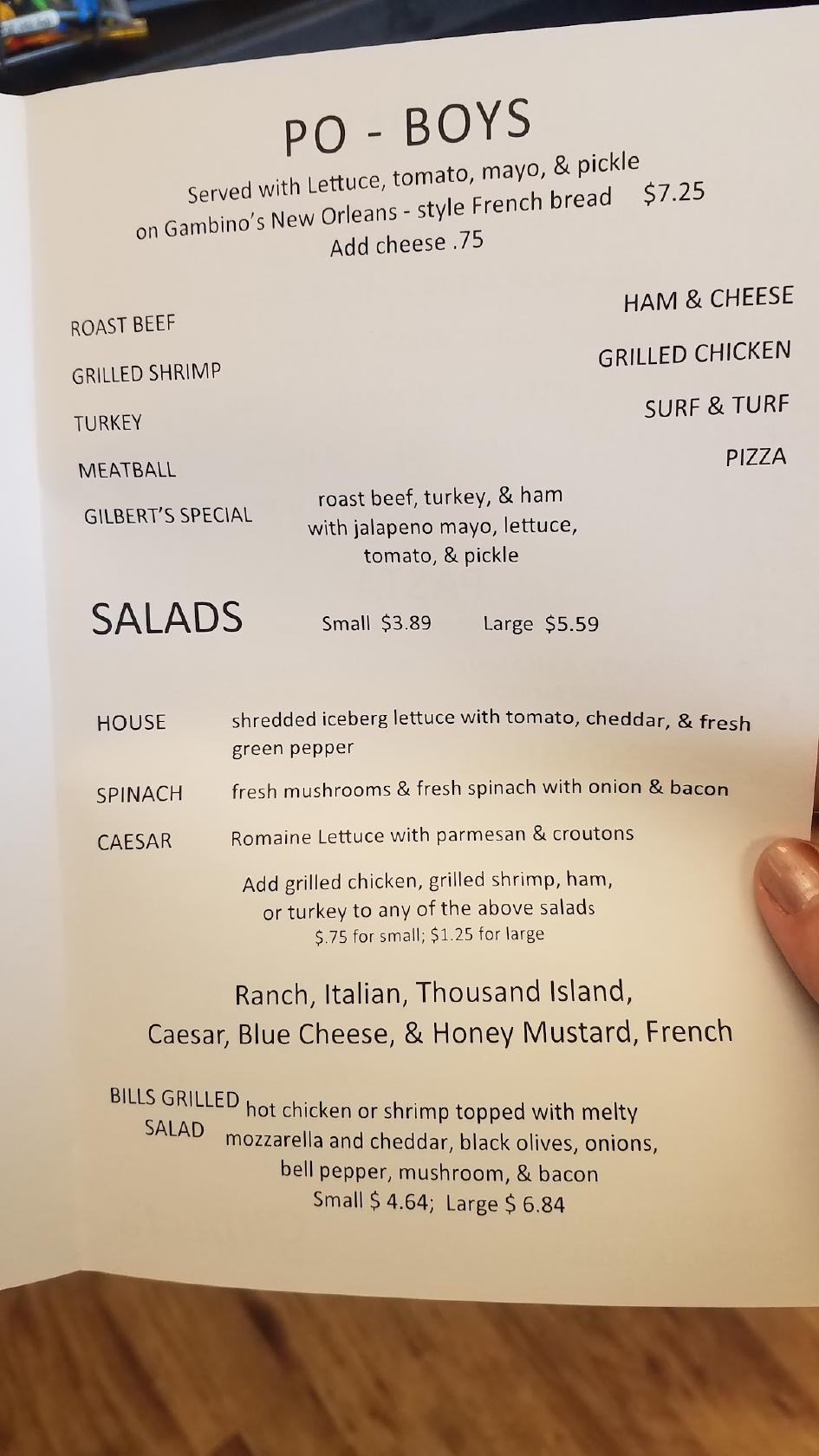 Menu at Gilbert's Pizza restaurant, DeRidder