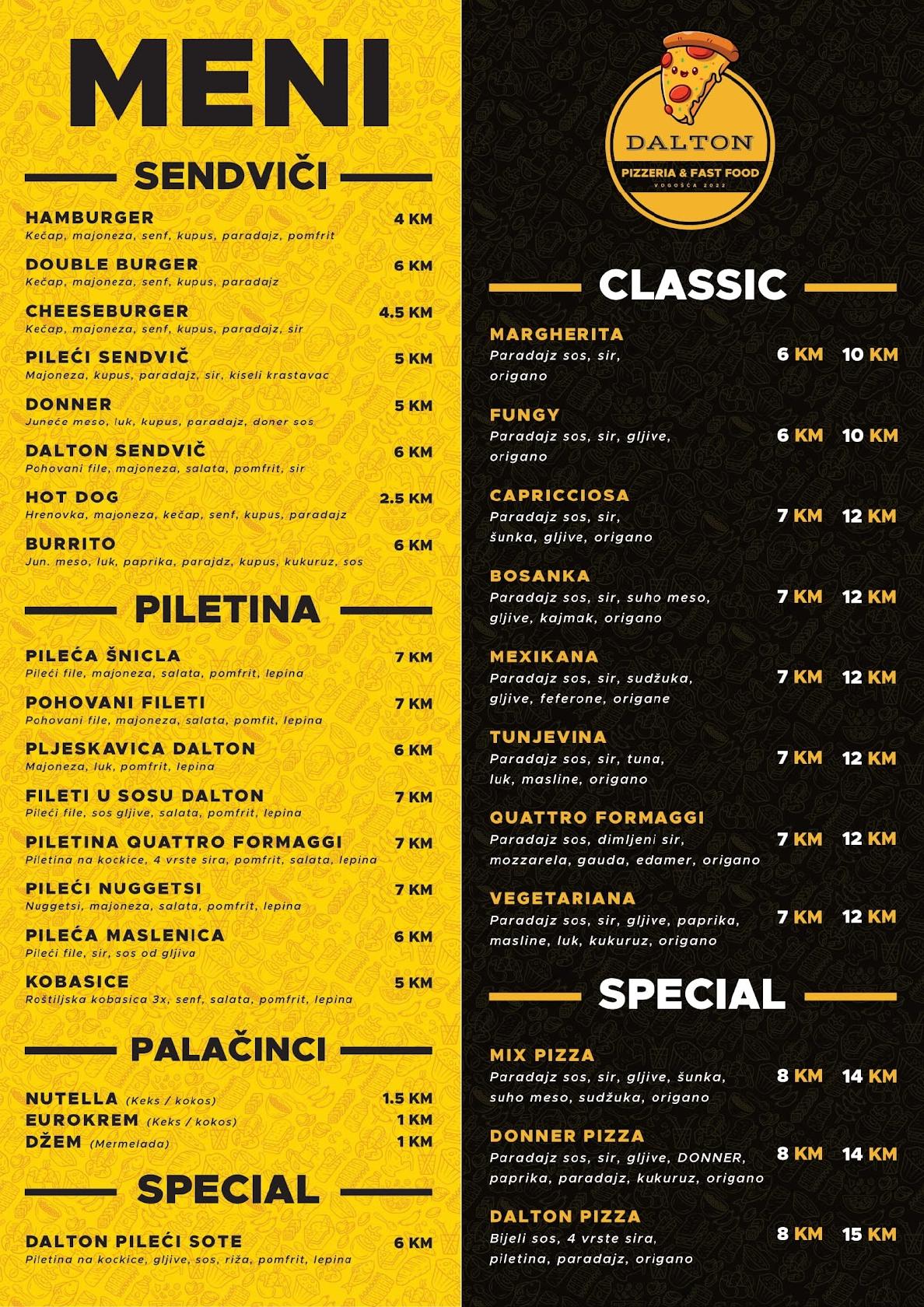 Menu at Pizzeria & fastfood Dalton, Vogošća