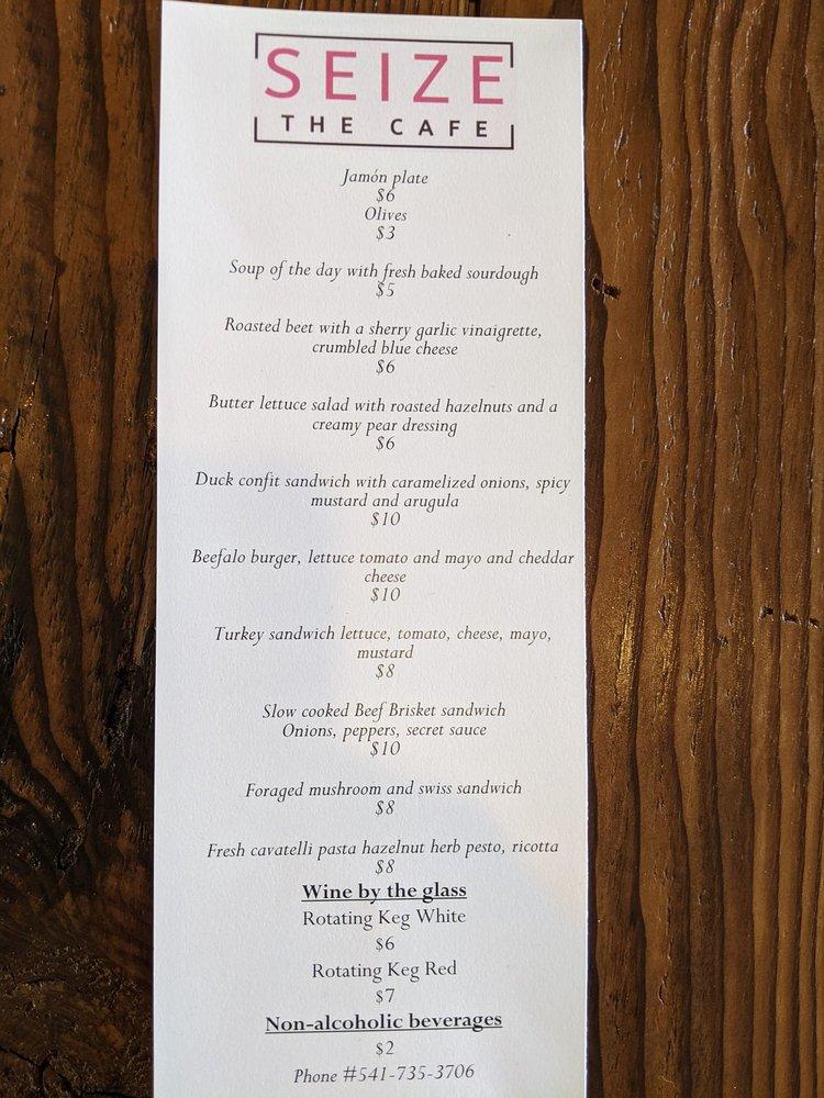 Menu at Seize the Cafe, Eugene