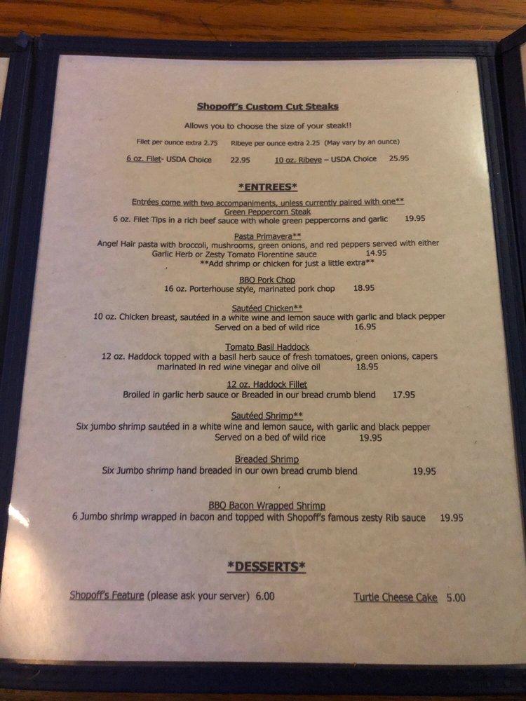 Menu at Shopoff's Steakhouse, Fort Wayne