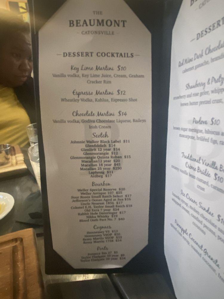 Menu at The Beaumont steakhouse Catonsville