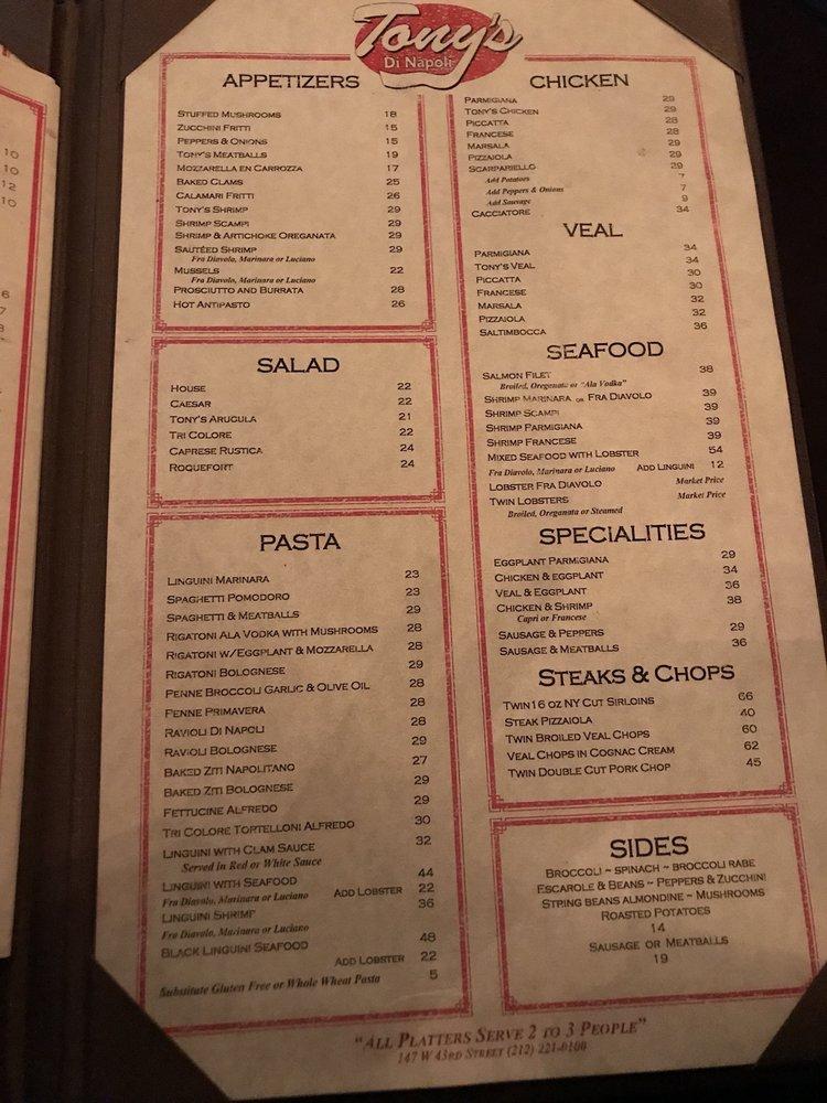 Menu At Tonys Di Napoli Pub And Bar West New York 147 W 43rd St