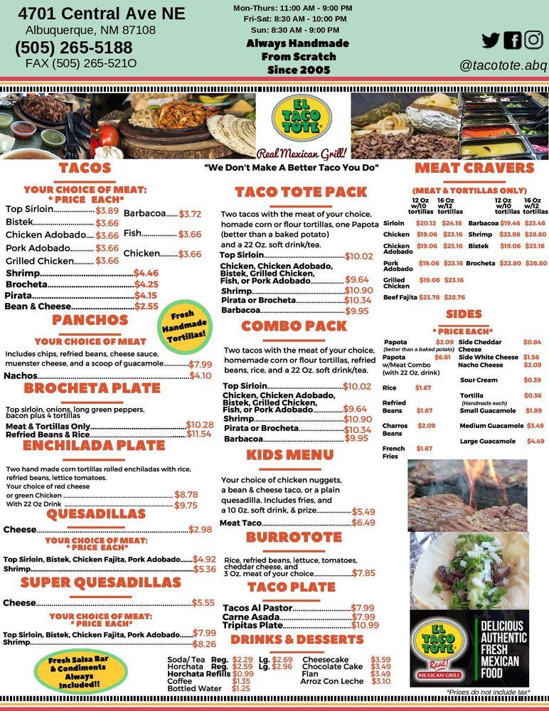 Carta del restaurante Taco Tote! Albuquerque, Albuquerque, Central Ave NE