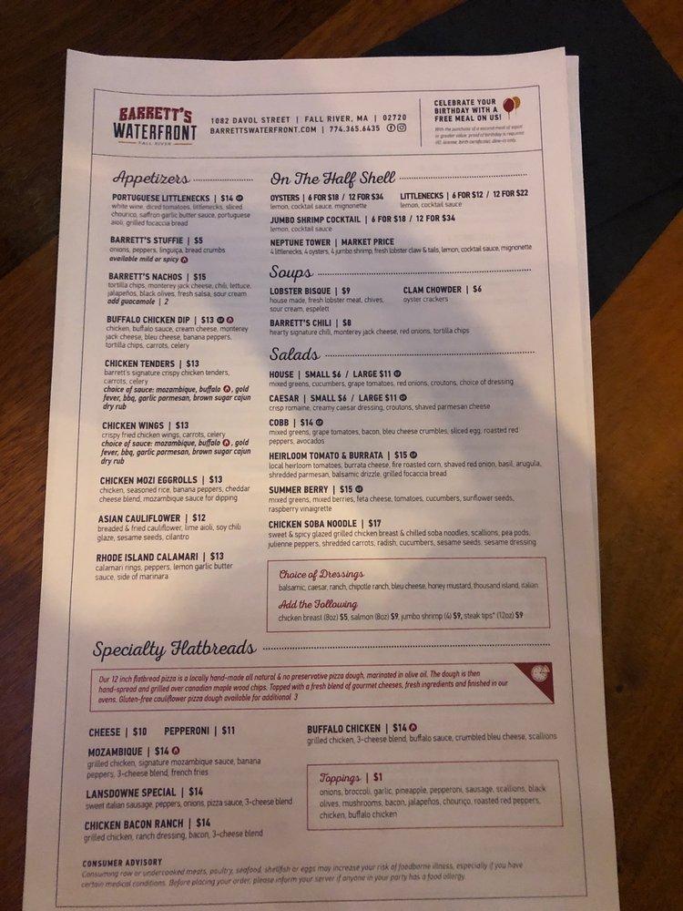 Menu at Barrett's Waterfront, Fall River