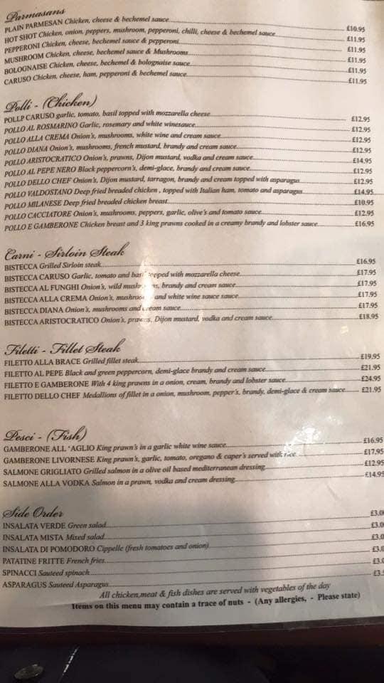 Menu at Caruso restaurant Stockton on Tees