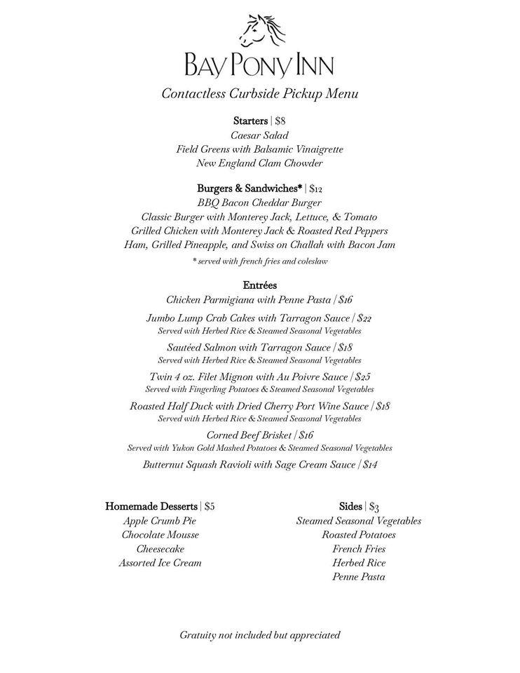 Menu at Bay Pony Inn restaurant, Lederach