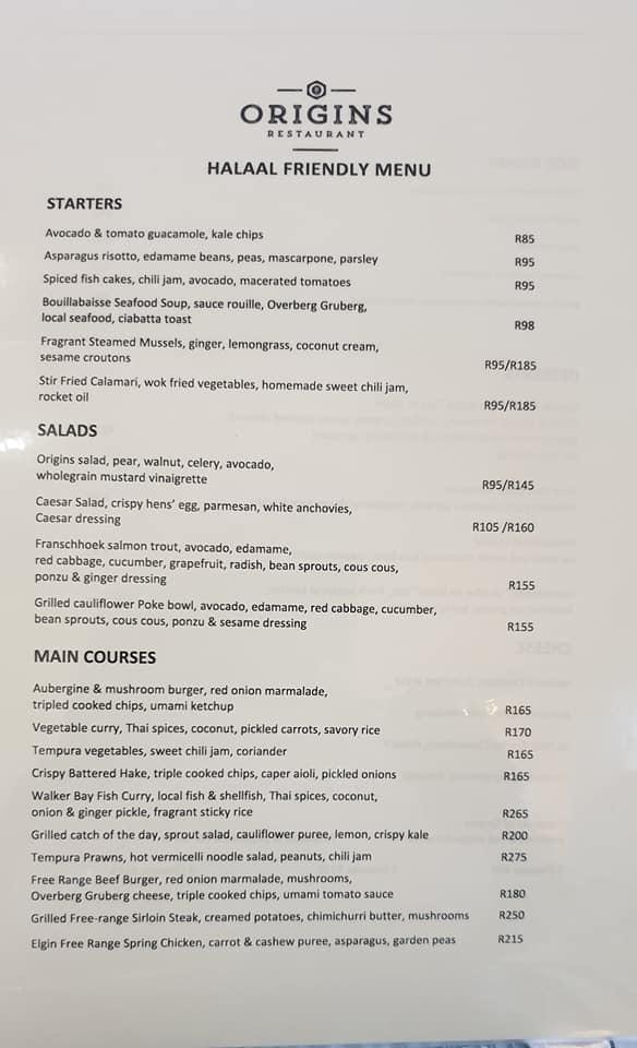 Menu at Origins Restaurant, Hermanus, Main Rd