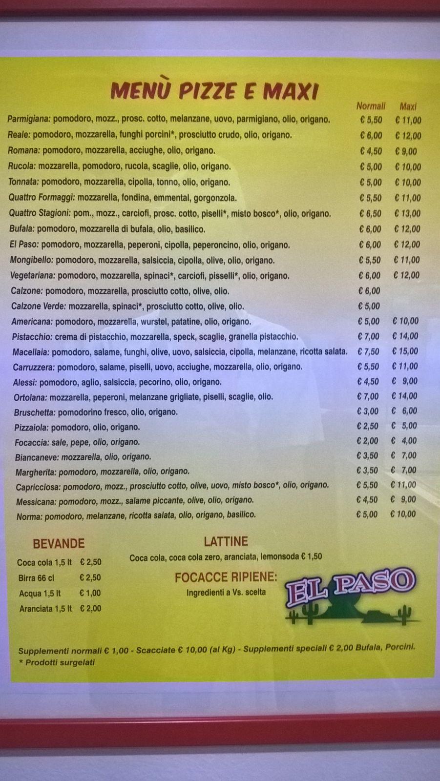 Speisekarte von Pizzeria El Paso Di Bellia Angelo Christian, Belpasso