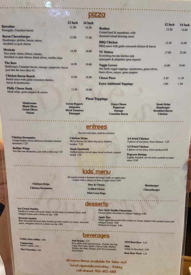Menu at Dave's Town Club, Delano