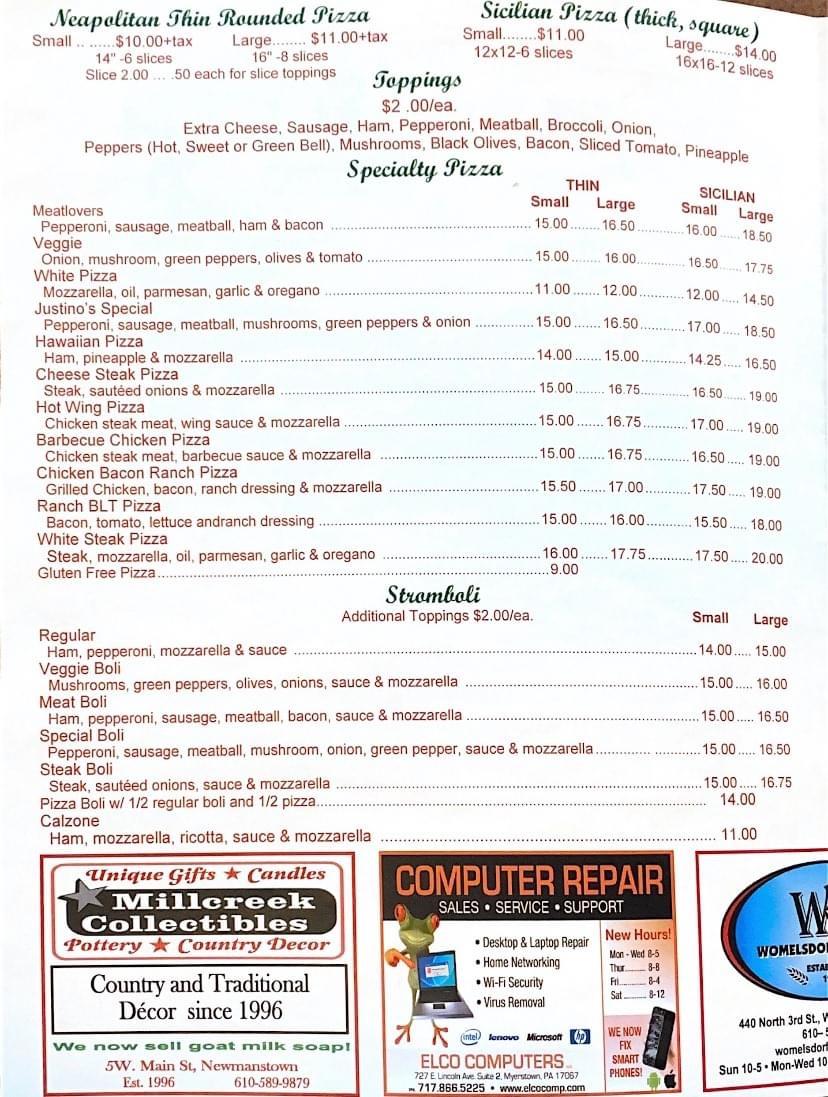 Menu at Justino's Pizza pizzeria, Newmanstown