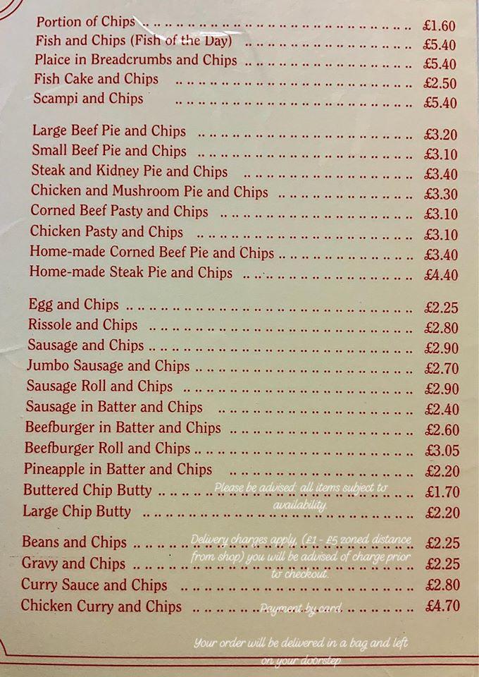 Menu at Conti's Fish & Chip Bar, Tonypandy