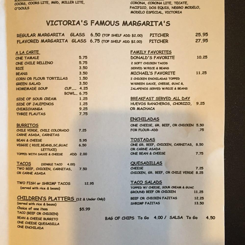 Menu at Victoria's Mexican Restaurant, Gilroy