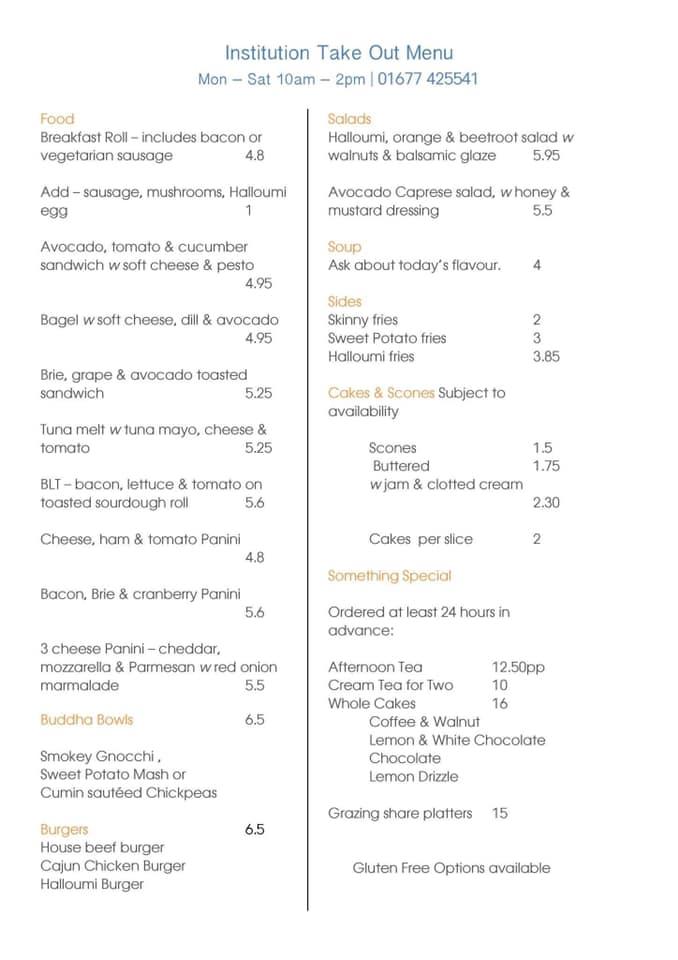 Menu at Institution Boutique Cafe, Bedale