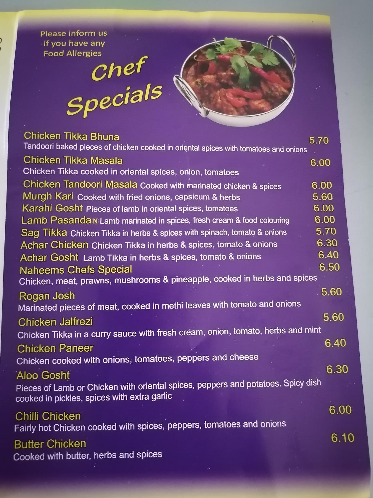 Menu at Naheem fast food, Rotherham