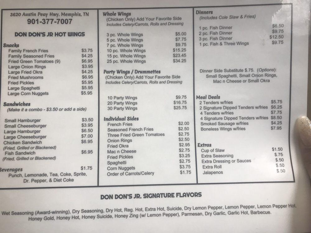 Menu at Don Don's Hot Wings restaurant, Memphis, Austin Peay Hwy