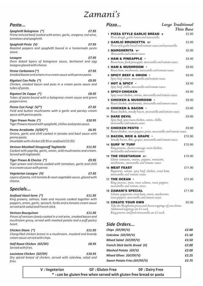 Menu at Zamani's Restaurant, AshbydelaZouch, 11