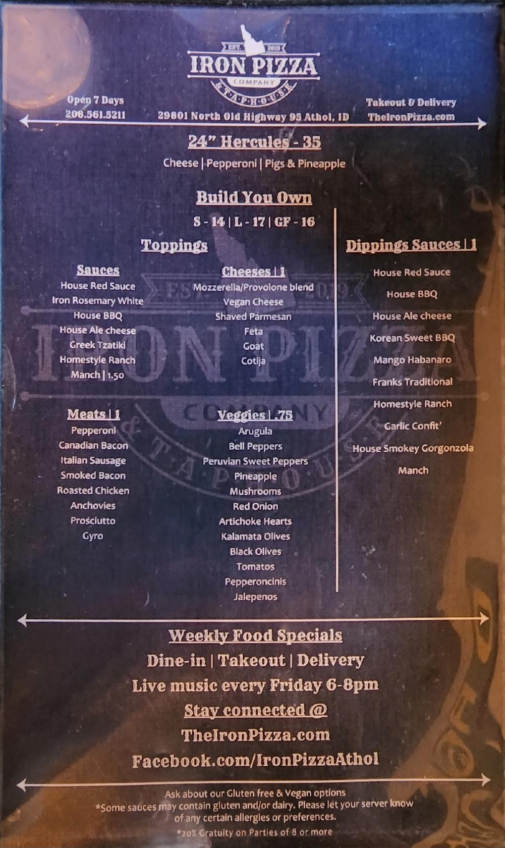Menu at The Iron Pizza Company pub & bar, Athol