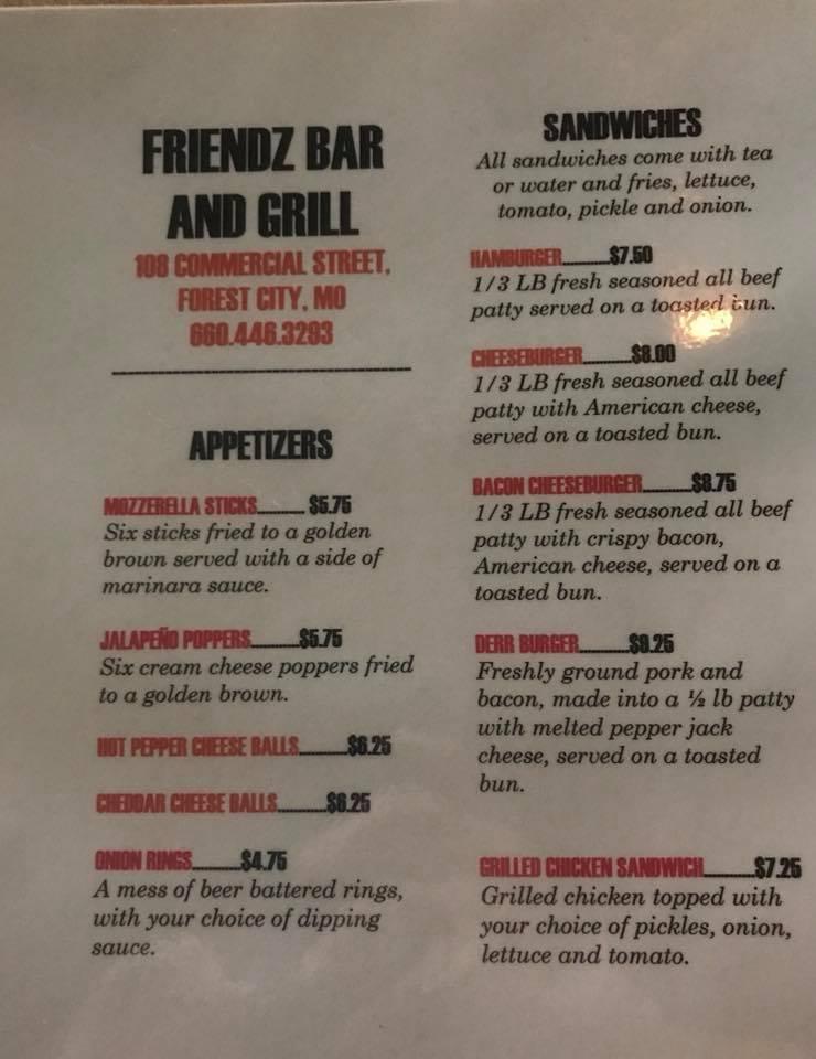 Menu at Friendz Bar, Forest City