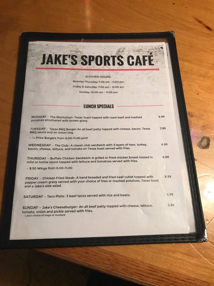 Menu at Jake's Sports Cafe, Lubbock