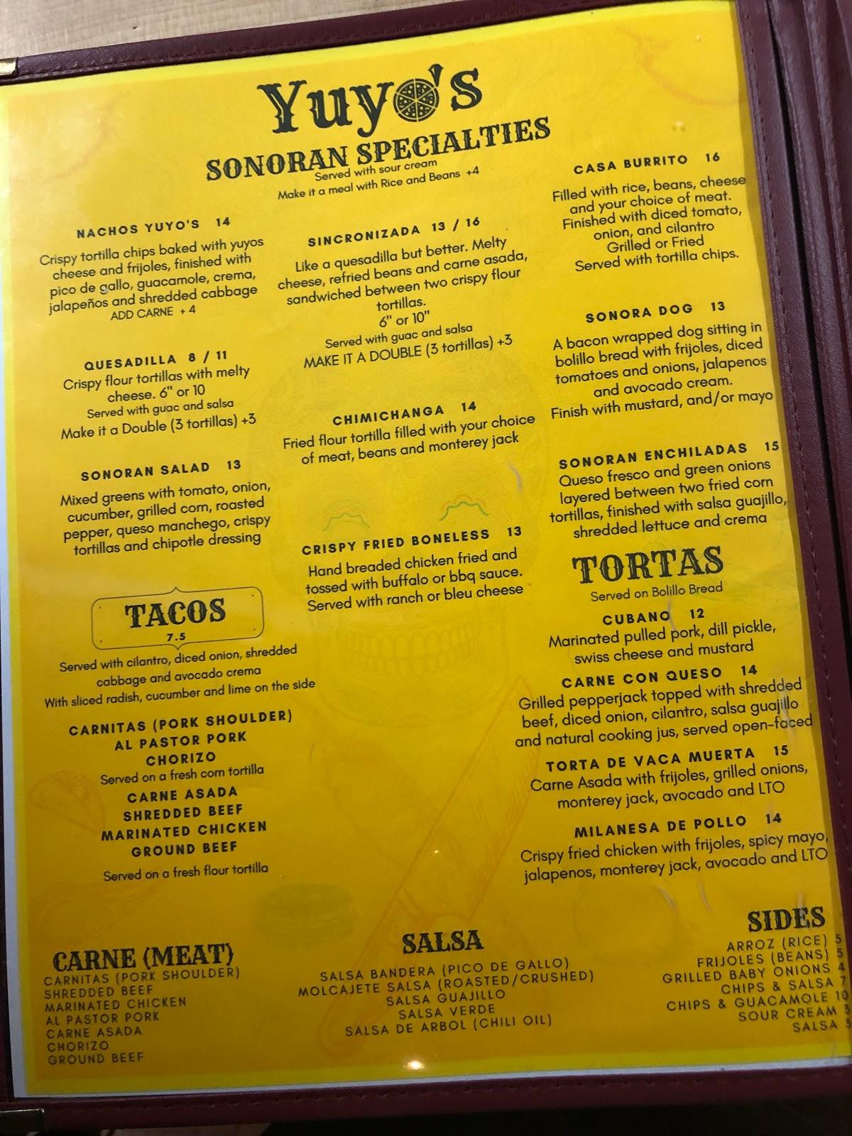 Menu at Yuyo's Pizza & Mexican Kitchen pizzeria, Sitka