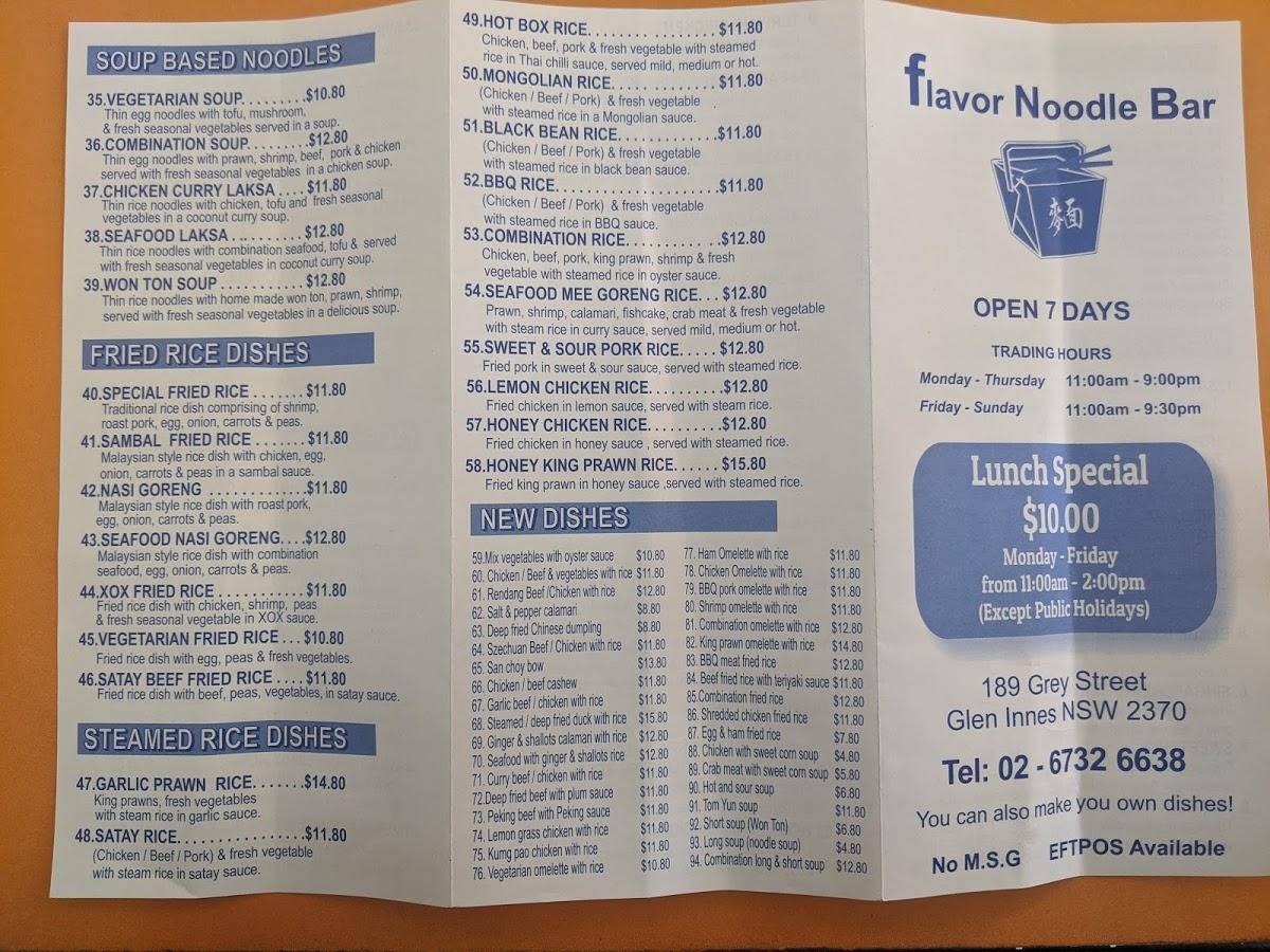 Menu at Flavour Noodle Bar, Glen Innes