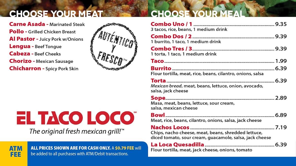 Menu at EL Taco Loco restaurant, Bakersfield, Zachary Ave