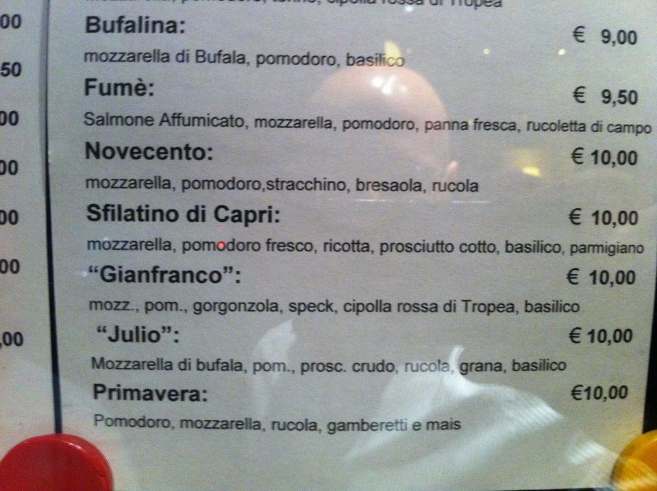 Menu at Novecento restaurant, Milan, Via Carlo Ravizza