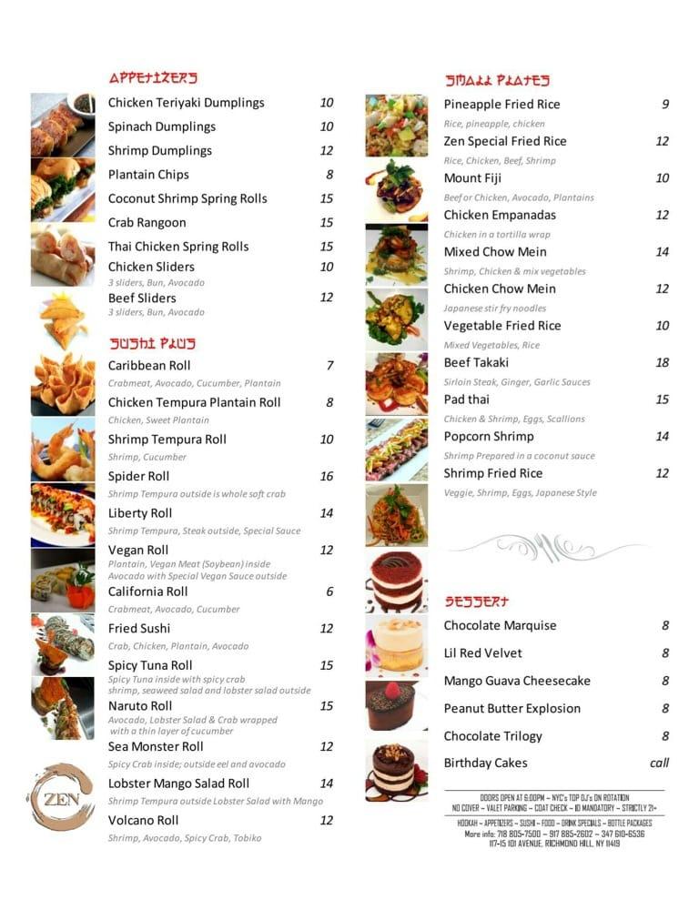 Menu at Zen Lounge restaurant, New York City, 101st Ave