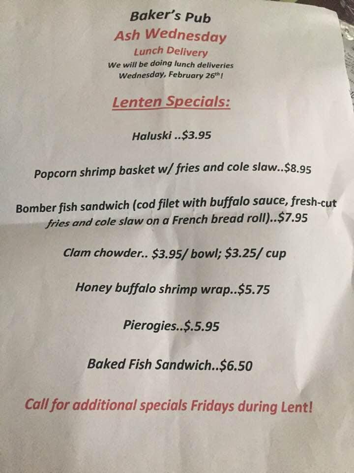 Menu at Baker's Pub, Charleroi