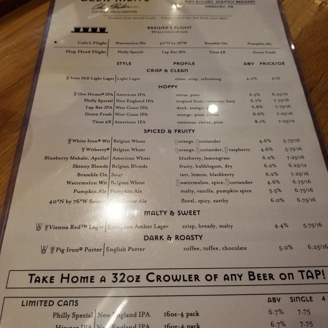 Menu at Iron Hill Brewery & Restaurant, Hershey